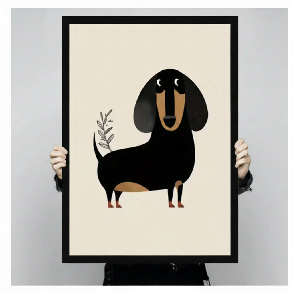 Person holding a large black framed minimalist dachshund canvas art print showing a charming flat geometric black and tan wiener dog standing beside a delicate olive branch illustration on a clean cream background against a light gray studio backdrop