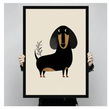 Person holding a large black framed minimalist dachshund canvas art print showing a charming flat geometric black and tan wiener dog standing beside a delicate olive branch illustration on a clean cream background against a light gray studio backdrop