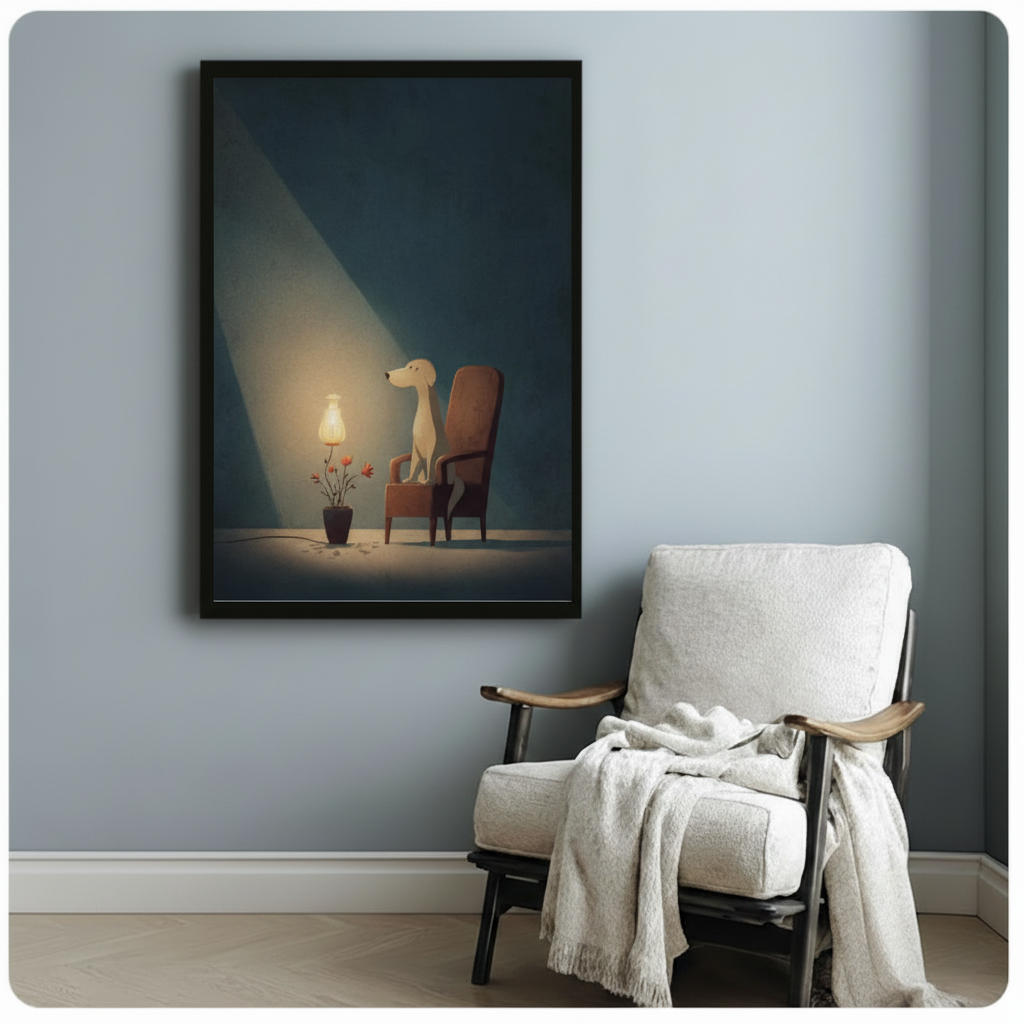 Black framed minimalist illustration slender cream dog beside brown vintage armchair with warm glowing lamp and red flower pot canvas print beside white linen chair on blue-grey wall - atmospheric moody teal background dog wall art for reading nook or bedroom decor