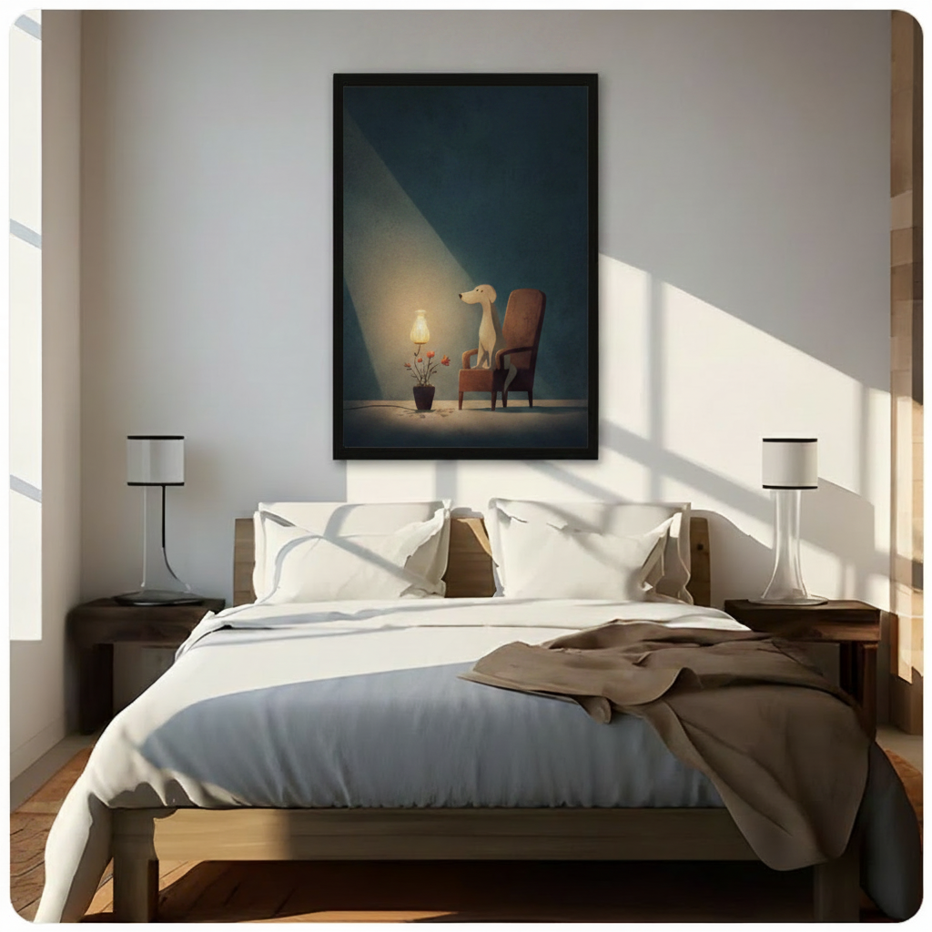Framed minimalist illustration slender cream dog beside brown vintage armchair with warm glowing lamp and red flower pot canvas print above wooden bed in sunlit minimalist bedroom - serene atmospheric moody teal background dog wall art for contemporary bedroom home decor