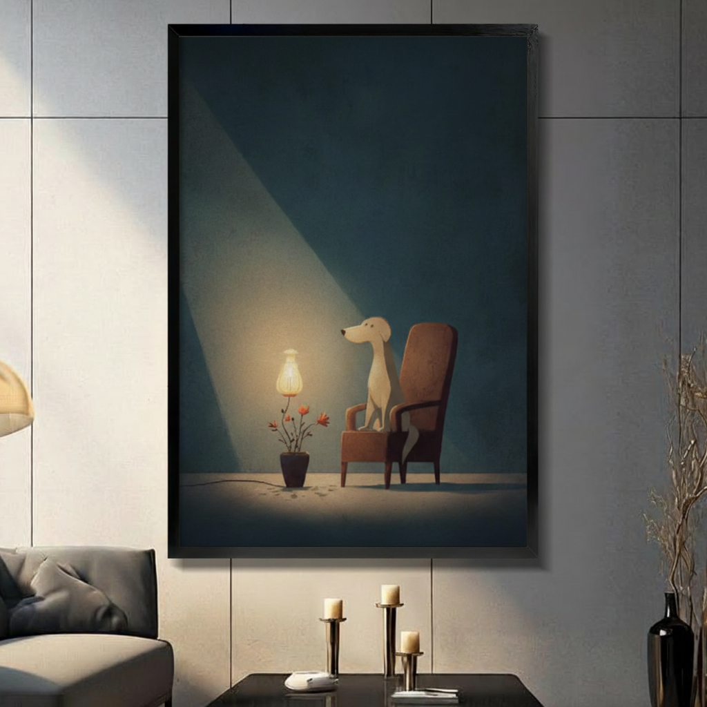 Framed minimalist illustration slender cream dog standing beside brown vintage armchair with glowing table lamp and red flower pot canvas print on grey tile wall in modern living room - serene moody teal background dog wall art for contemporary home decor
