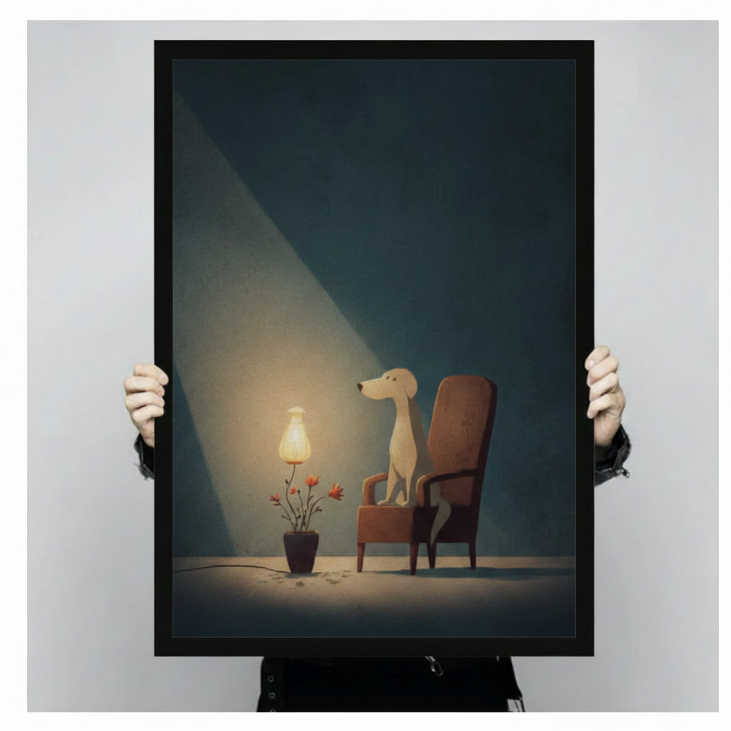 Person holding large framed minimalist illustration slender cream dog standing beside brown vintage armchair with glowing table lamp and red flower pot canvas print with both hands - close up view of serene moody teal background dog wall art with black frame finish