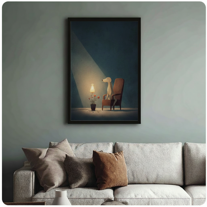 Framed minimalist illustration slender cream dog standing beside brown vintage armchair with glowing lamp and red flower pot canvas print above cream sofa on sage blue-grey wall - serene moody teal background dog wall art for stylish living room decor