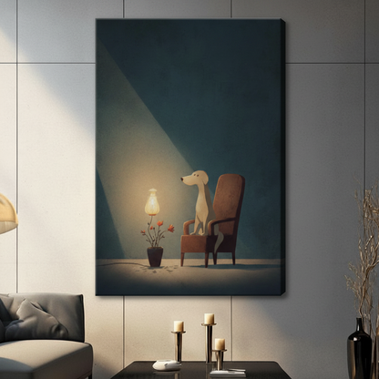 Unframed minimalist illustration slender cream dog beside brown vintage armchair with warm glowing lamp and red flower pot canvas print on grey tile wall in contemporary living room - atmospheric moody teal background dog wall art for modern interior decor