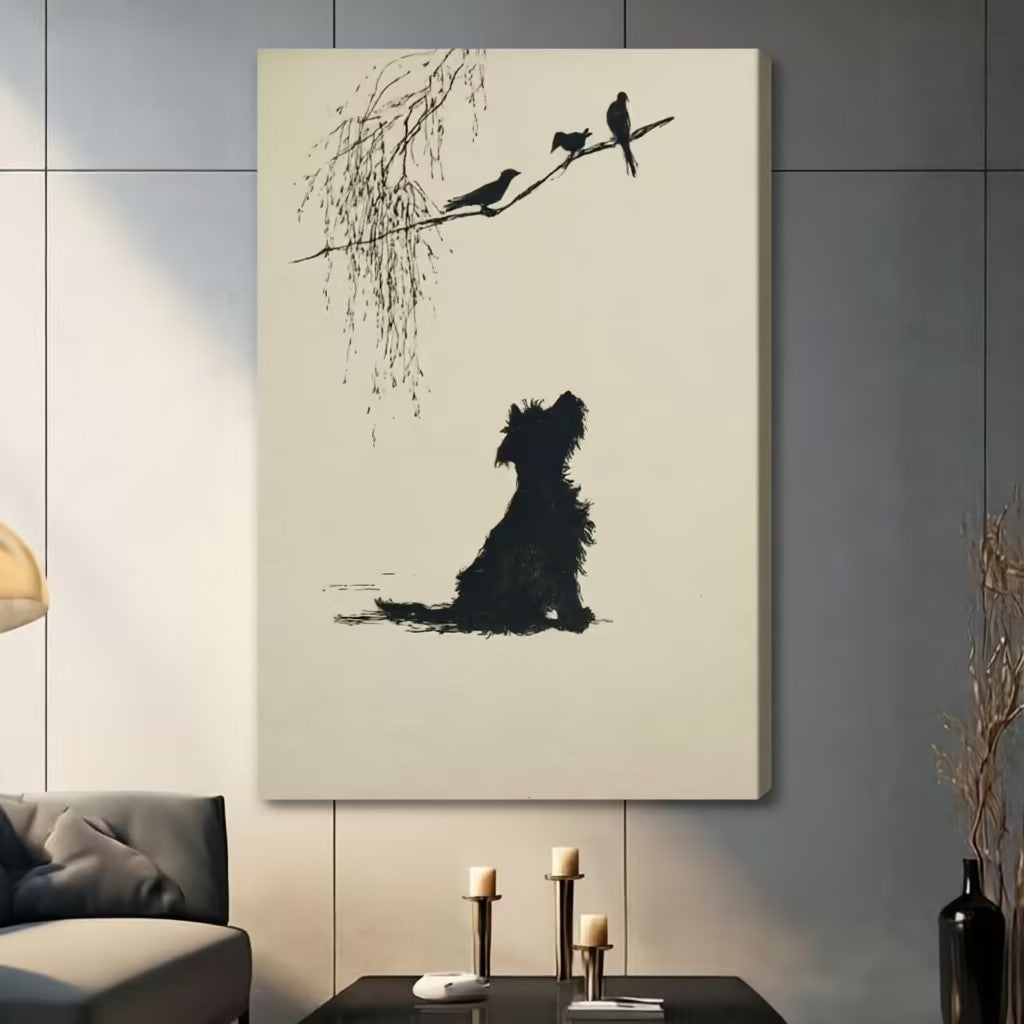 Minimalist black ink terrier dog silhouette looking up at birds on willow branch gallery wrap canvas art on cream background on a dark gray paneled wall above a gray sofa with candle holders and a black decorative vase