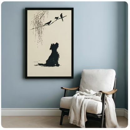 Minimalist ink-style fluffy terrier dog silhouette watching birds perched on willow branch black framed canvas art on a soft blue-gray wall beside a white wood armchair with a cream linen throw blanket