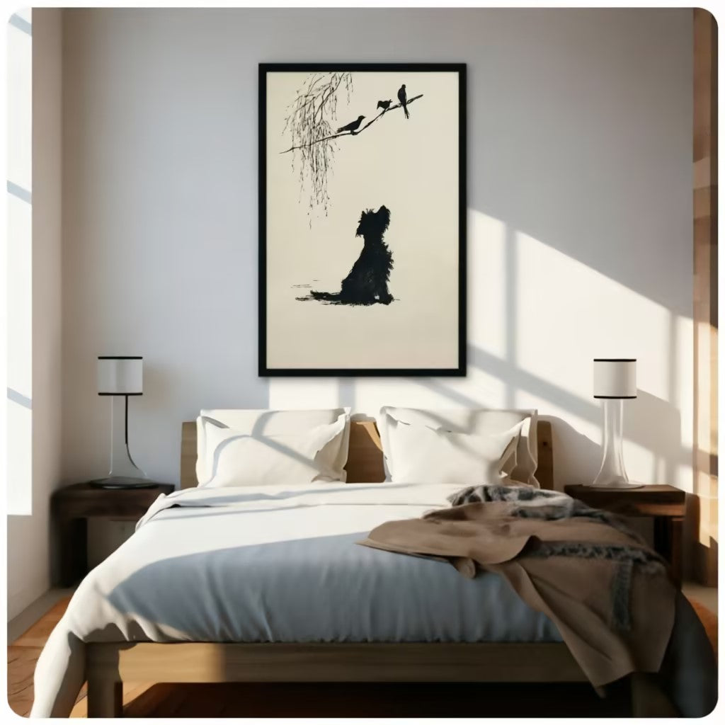 Black framed minimalist ink terrier dog silhouette watching birds on willow branch canvas art above a bed with white linen bedding, a taupe throw blanket, dark wood nightstands, and white cylindrical table lamps in a sunlit modern bedroom