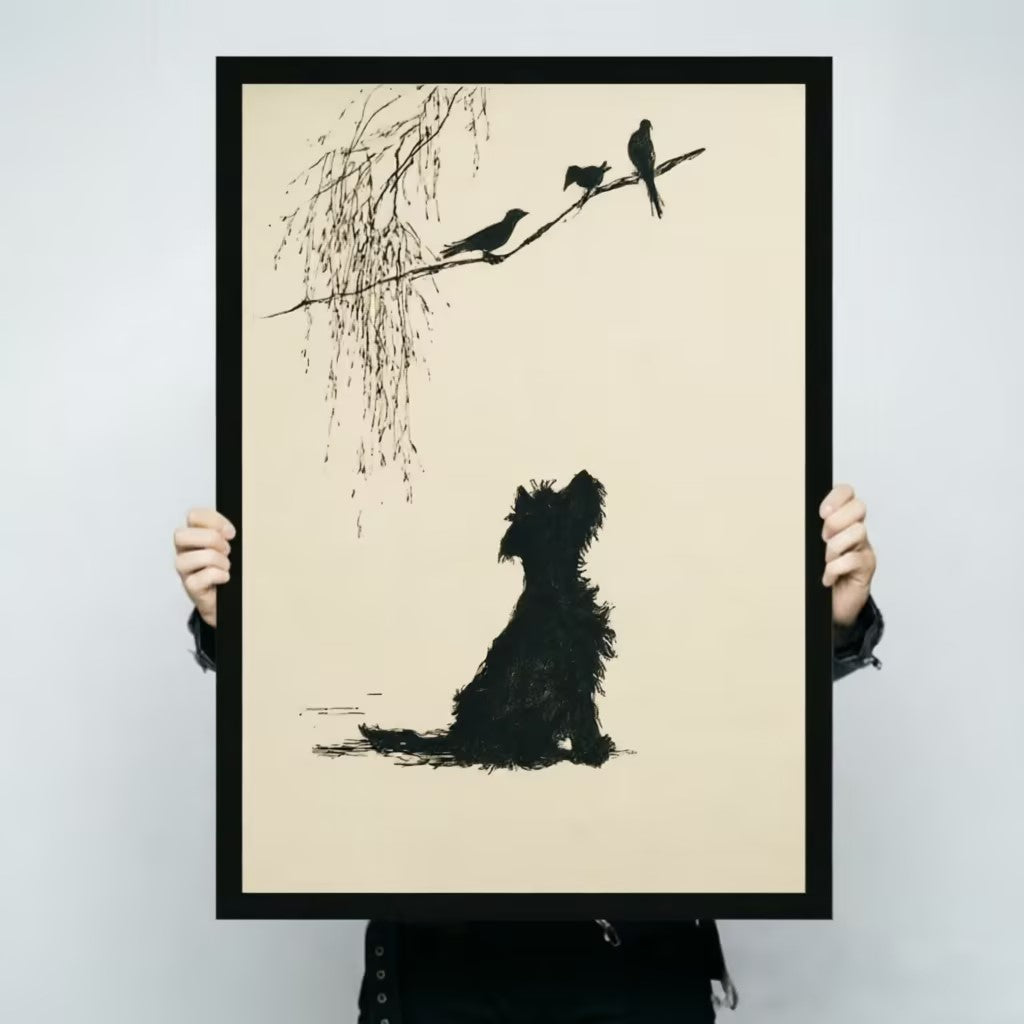 Person holding a black framed minimalist ink-style terrier dog silhouette gazing at three birds on willow branch art print on cream background against a light gray backdrop