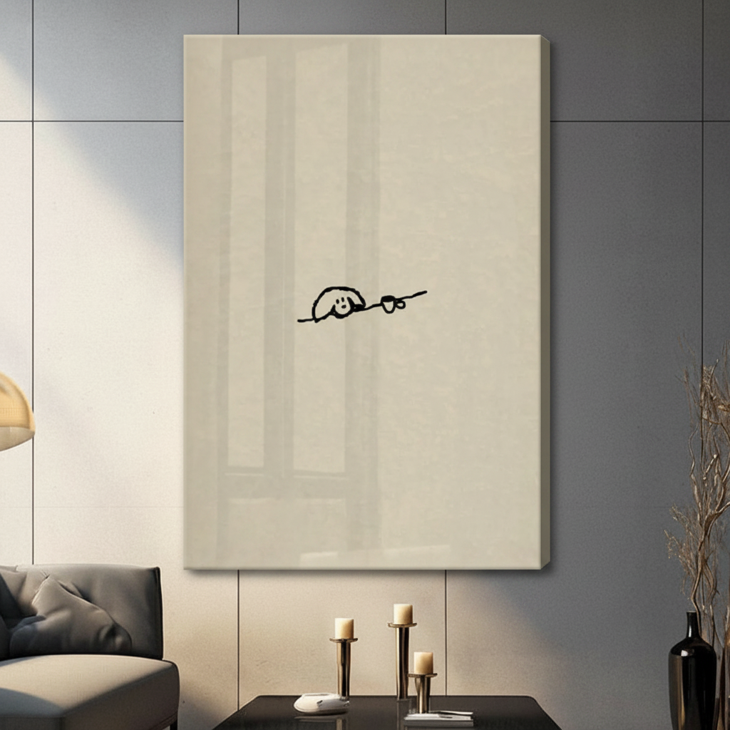 Minimalist dog with coffee cup gallery wrap canvas wall art in single-stroke black line drawing on a cream background, frameless print in a contemporary living room with a dark sofa, brass candle holders and black vase