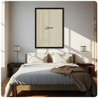 Black framed minimalist dog with coffee cup line art above a bed with white linen bedding, a taupe throw blanket, dark walnut bed frame and nightstands, glass table lamps in a sunlit modern bedroom