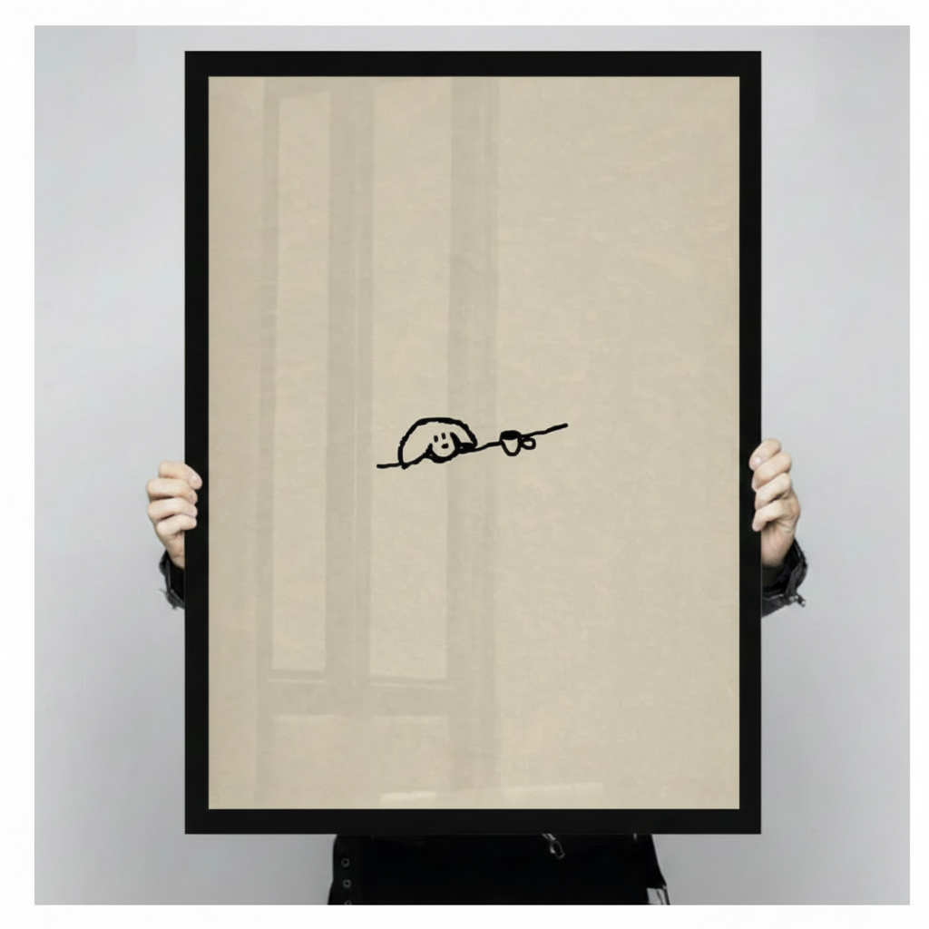 Minimalist dog and coffee cup single-stroke line art in a wide deep black frame held up against a light gray backdrop, whimsical pet wall art print on a warm cream background