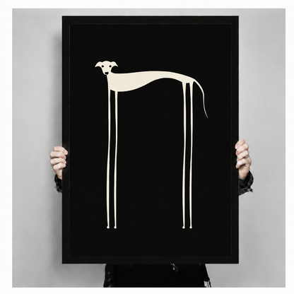 Hand-held front view of minimalist long-legged dog poster in black frame on white background