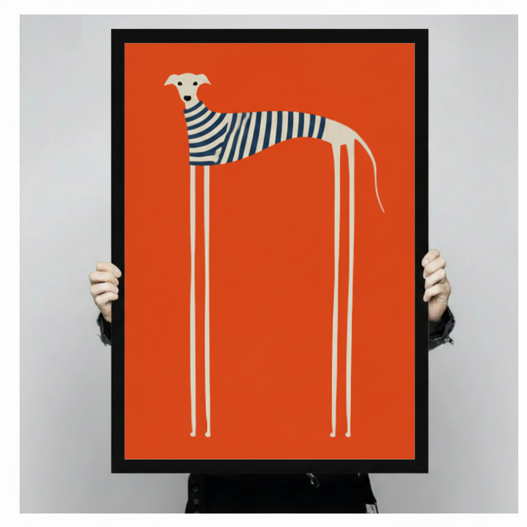 Hand-held display of a framed canvas art print showing a minimalist long-legged greyhound in a navy striped sweater against a bold orange background — modern dog wall art