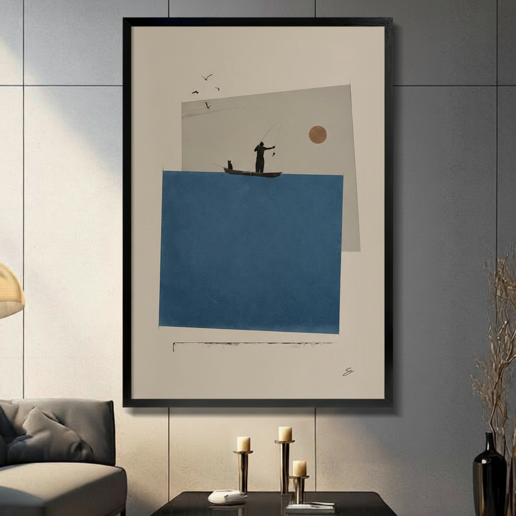 Black framed canvas wall art featuring a minimalist fisherman silhouette on a boat with a cat, blue geometric shapes and golden sun, displayed in a modern living room