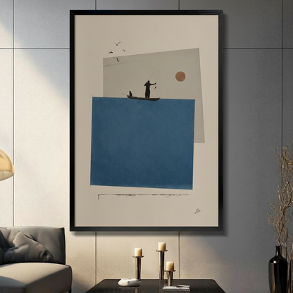 Black framed canvas wall art featuring a minimalist fisherman silhouette on a boat with a cat, blue geometric shapes and golden sun, displayed in a modern living room