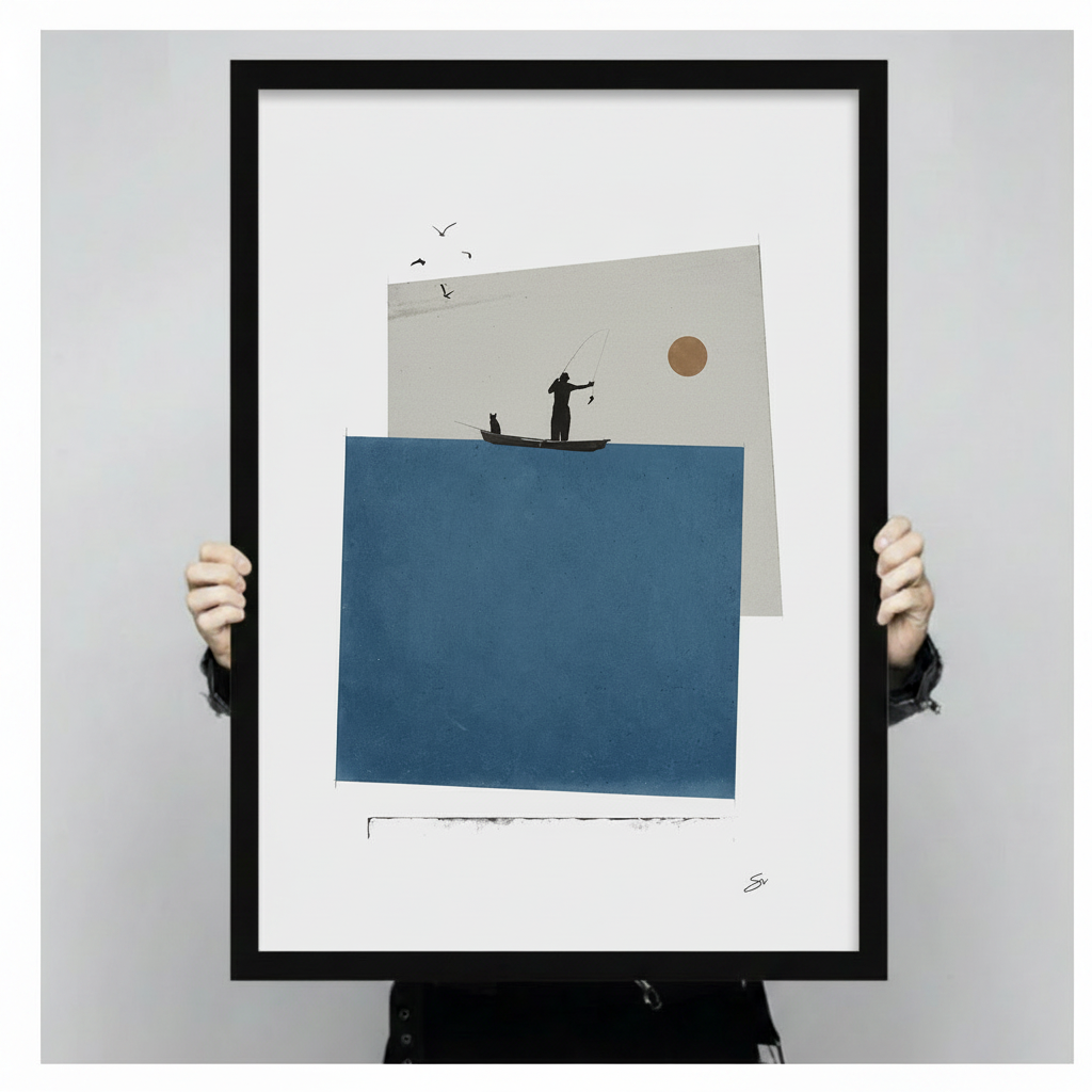 Close-up of a black framed minimalist art print showing a fisherman and cat silhouette on a boat, overlapping blue rectangle and grey geometric shapes with a golden sun