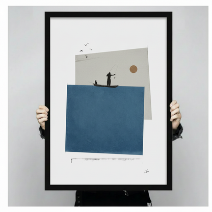 Close-up of a black framed minimalist art print showing a fisherman and cat silhouette on a boat, overlapping blue rectangle and grey geometric shapes with a golden sun