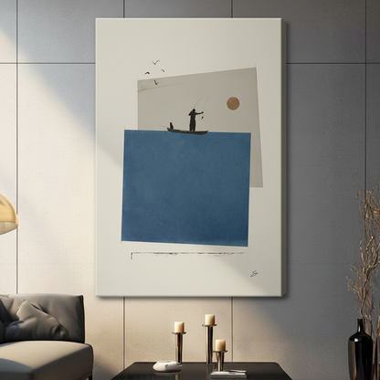 Gallery wrap canvas print of a minimalist fisherman and cat on a boat, overlapping blue and grey geometric shapes with seagulls, hung on a grey wall in a contemporary living room