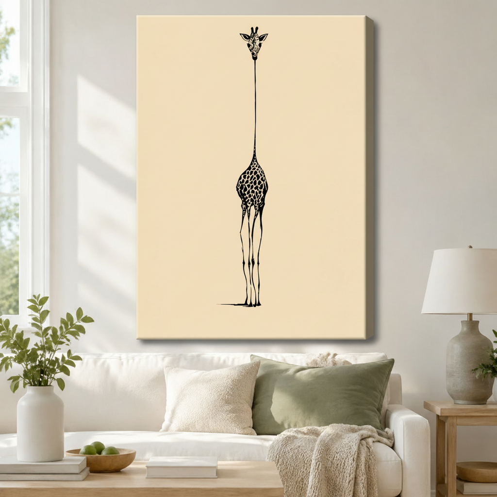 Gallery wrap canvas art featuring a whimsical black ink line drawing of a full-body giraffe with an exaggerated long neck on a soft cream background, hung above a white sofa in a modern Scandinavian living room