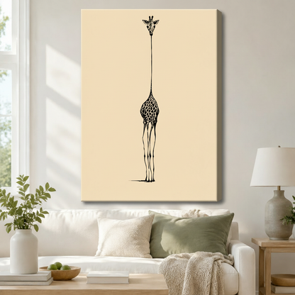 Gallery wrap canvas art featuring a whimsical black ink line drawing of a full-body giraffe with an exaggerated long neck on a soft cream background, hung above a white sofa in a modern Scandinavian living room