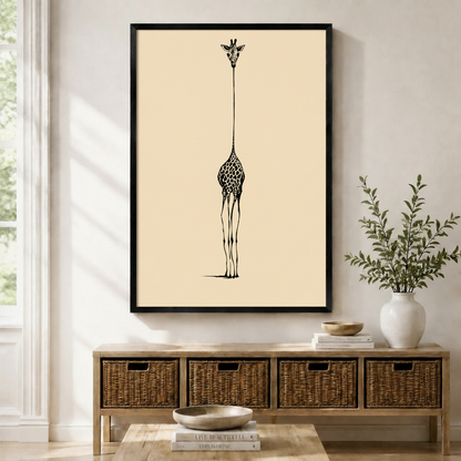 Framed minimalist wall art print of a tall giraffe rendered in black ink line art on a warm beige background, displayed above a wicker console table in a bright Scandinavian entryway