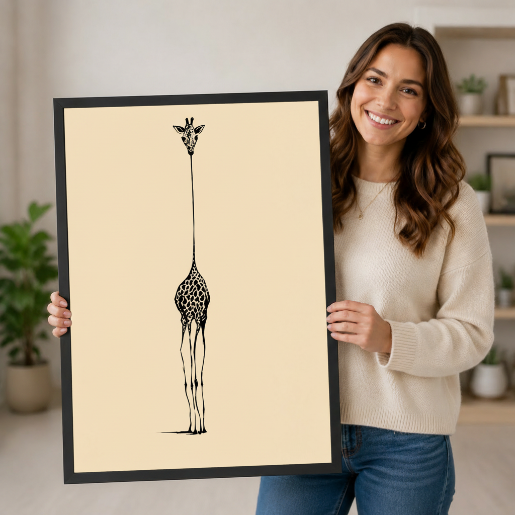 Woman holding a large framed minimalist giraffe line art print with a black ink full-body illustration on a cream background, demonstrating print size and premium black frame quality