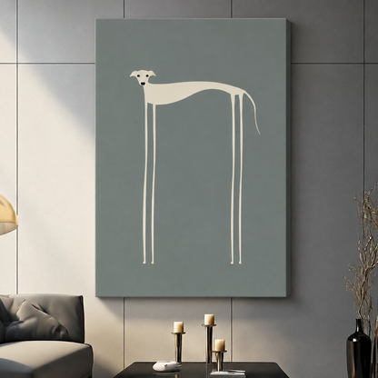 Canvas wrap wall art featuring a whimsical cream-coloured whippet with exaggerated long legs on a slate blue background, hung unframed in a contemporary living room setting