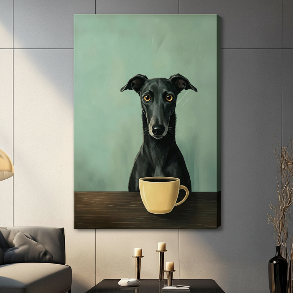 Greyhound dog and coffee cup gallery wrap canvas wall art on mint green background, frameless minimalist pet portrait print in a contemporary living room with dark leather sofa and decorative candle holders