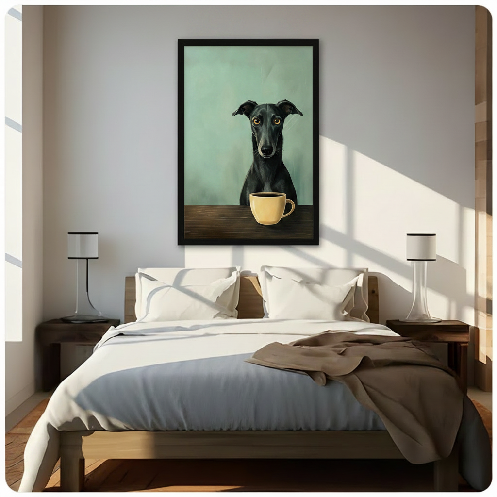 Black framed greyhound and coffee cup minimalist wall art above a bed with white linen bedding, wooden nightstands and white table lamps in a sunlit modern bedroom