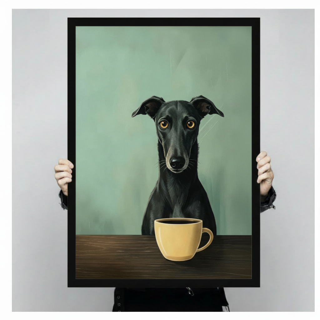 Minimalist greyhound dog and coffee cup framed art print held up against a light gray backdrop, whimsical pet portrait wall art in a deep black frame on mint green background