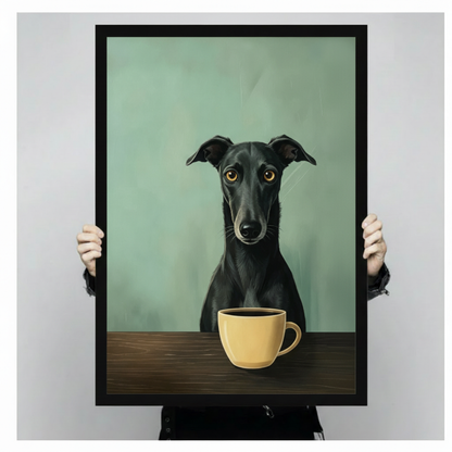 Minimalist greyhound dog and coffee cup framed art print held up against a light gray backdrop, whimsical pet portrait wall art in a deep black frame on mint green background