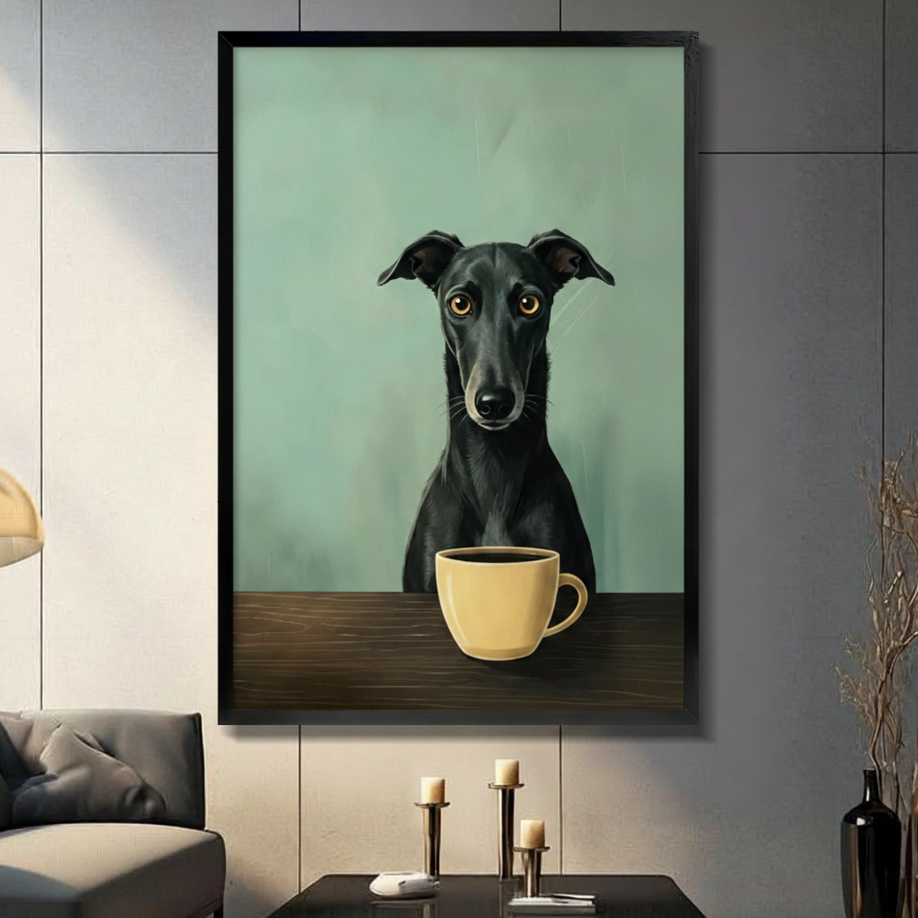Framed minimalist greyhound dog with coffee cup wall art in deep black frame on a mint green background, whimsical pet portrait print in a modern living room with dark leather sofa, candle holders and black vase