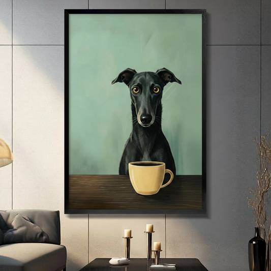 Framed minimalist greyhound dog with coffee cup wall art in deep black frame on a mint green background, whimsical pet portrait print in a modern living room with dark leather sofa, candle holders and black vase
