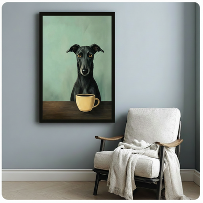 Black framed greyhound with coffee mug minimalist art print on mint background hanging above a white linen armchair with a draped throw blanket against a soft blue-gray wall