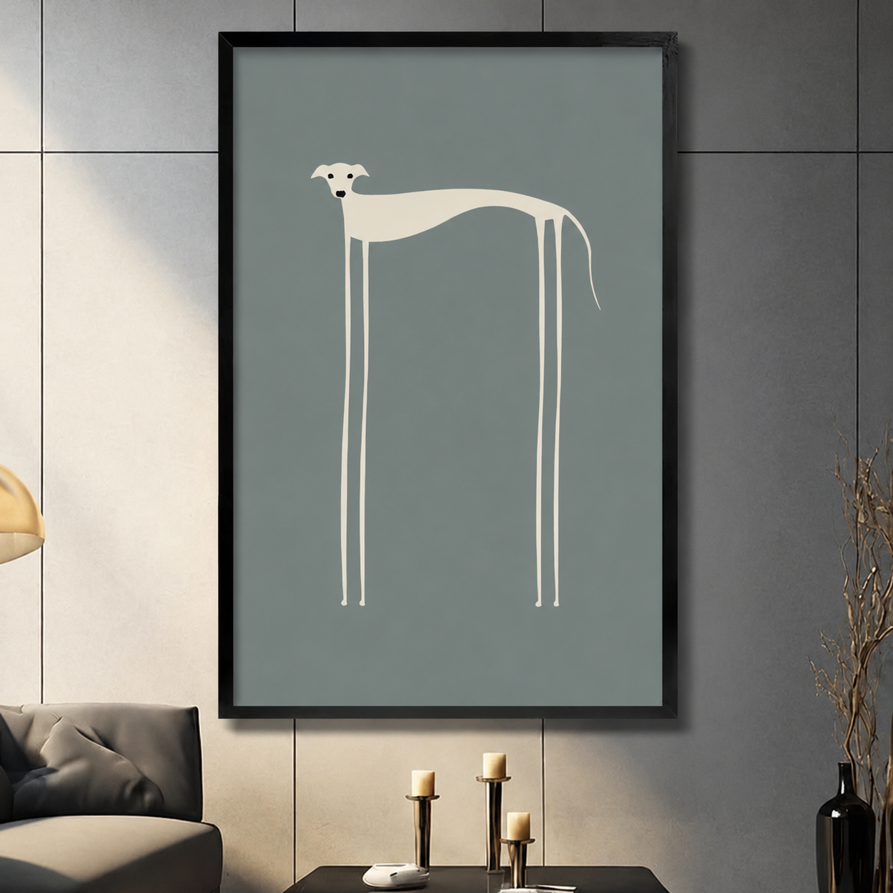 Framed minimalist wall art print of an elongated cream greyhound with ultra-long legs on a muted blue-grey background, displayed in a modern dark living room with candle holders