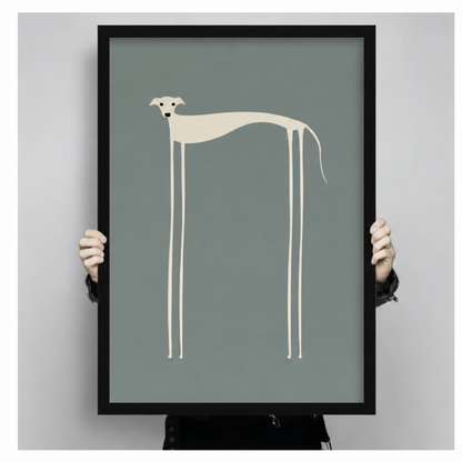 Person holding a large black-framed minimalist greyhound art print featuring a cream abstract dog with impossibly long legs on a muted teal-grey background, showcasing print size and quality