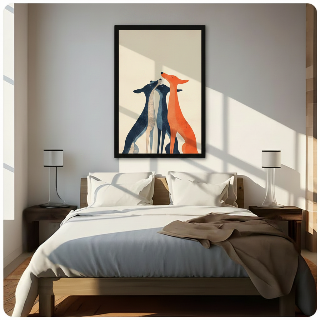 Framed canvas print of three stylized greyhounds in navy blue and vibrant orange, minimalist dog wall art hung above a bed as a statement piece in a sunlit modern bedroom