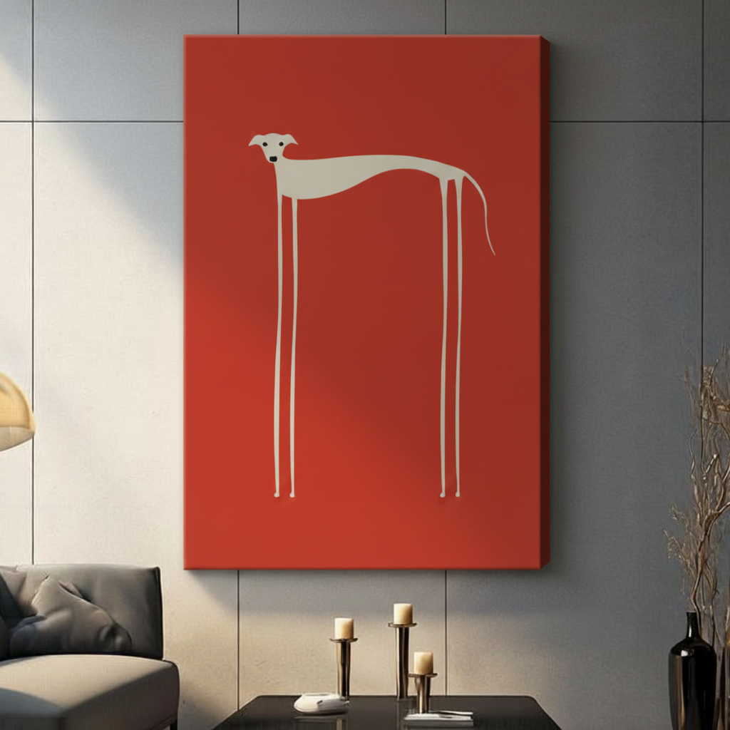 Frameless canvas wrap of stylized greyhound on red background – contemporary dog lover wall art for living room