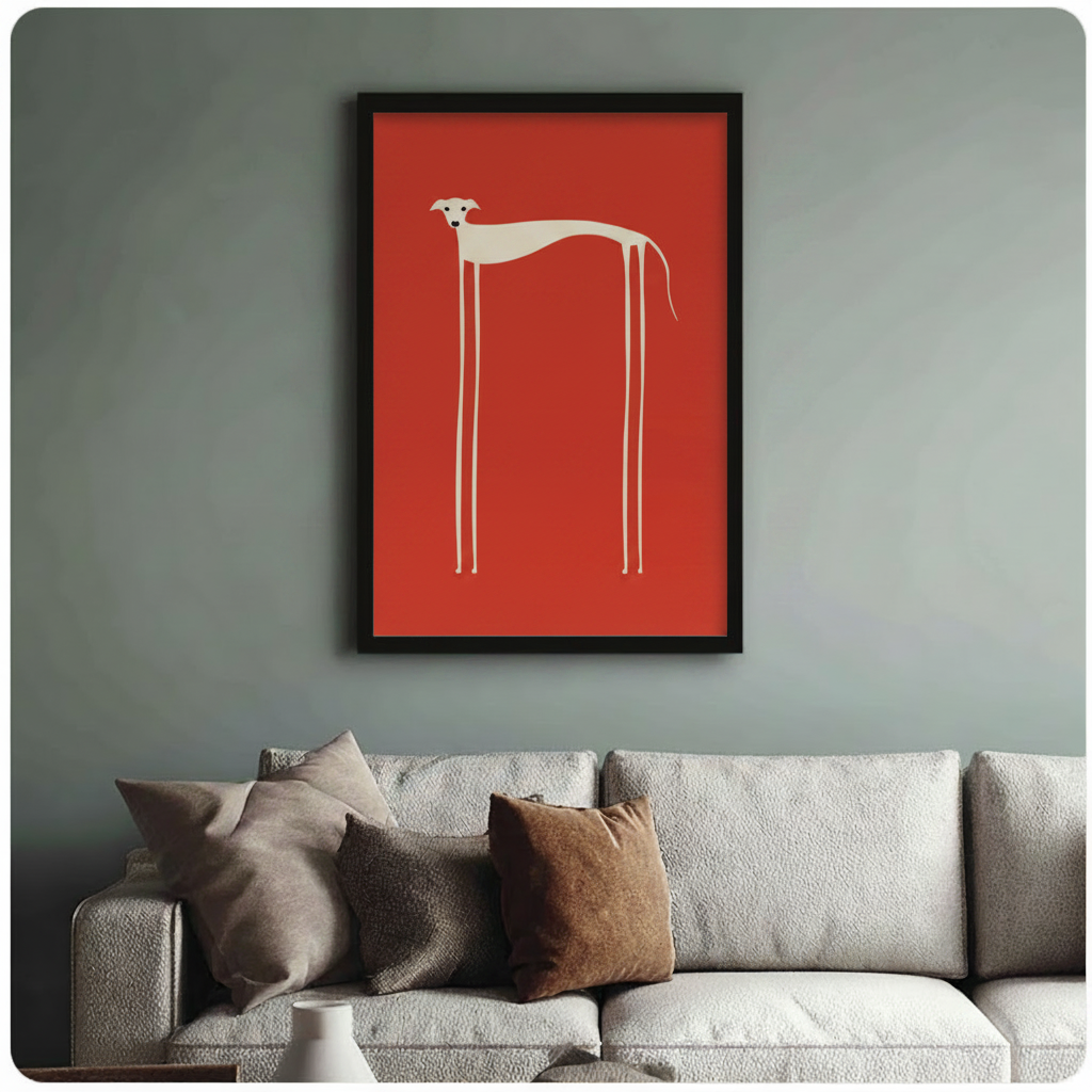 Abstract long-legged greyhound framed art print above grey sofa – bold red minimalist dog wall décor