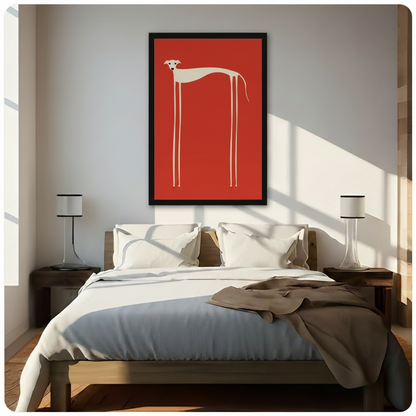 Bold red greyhound framed print above bed in sunlit minimalist bedroom – modern dog lover wall art