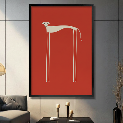 Minimalist greyhound with long legs on bold red background – black framed wall art in modern living room – whippet dog print