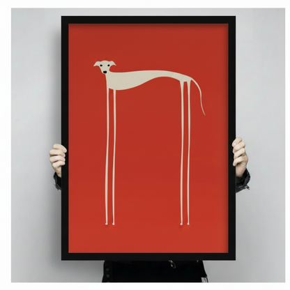 Hand-held black frame showing minimalist greyhound illustration on red – sighthound art print size preview