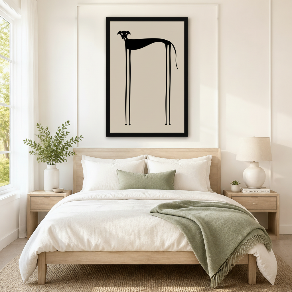 Elegant framed minimalist wall art of a quirky black greyhound with a long arched body and stick-thin legs on a warm sand background, displayed above a white and sage linen bed in a serene Scandinavian bedroom