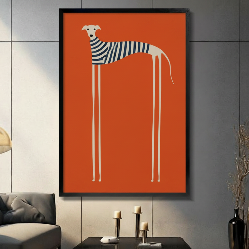 Framed canvas wall art of a minimalist white greyhound wearing a navy striped sweater on a bold orange background, displayed above a console table in a modern living room