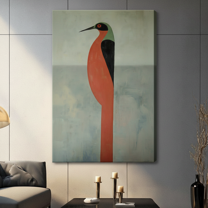 Stretched canvas wall art featuring a geometric long-necked heron in earthy red and green tones hung in contemporary living room