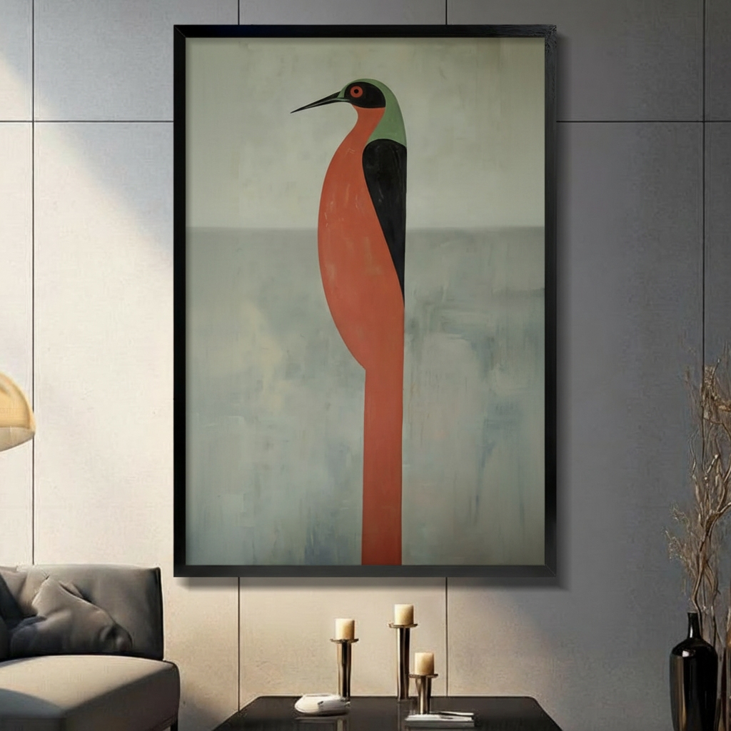 Black framed abstract heron bird canvas art with terracotta and sage tones displayed above console table in moody modern living room