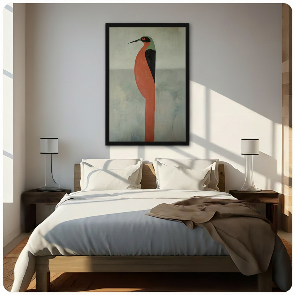 Black framed geometric heron canvas art hung above wooden bed in sun-drenched minimalist bedroom with white linen bedding