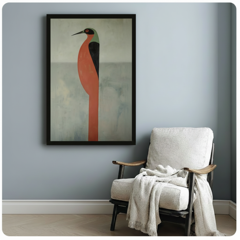 Black framed minimalist heron art print on blue-gray wall beside white linen armchair with cream throw blanket in cozy reading nook