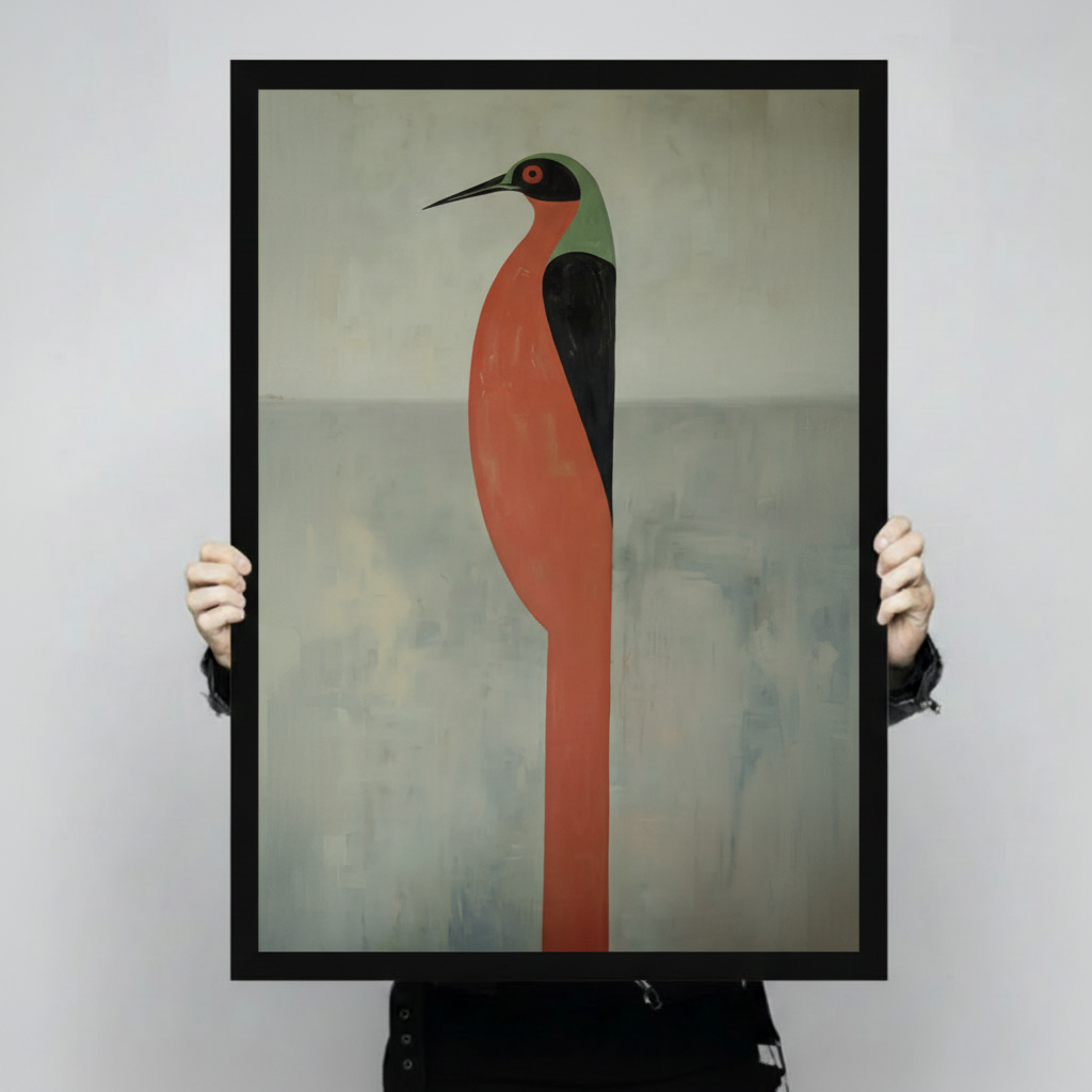 Person holding a large black framed abstract heron bird canvas print with bold terracotta body against light gray background