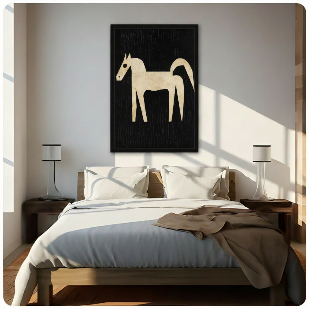 Minimalist cream horse on black canvas art hung above a wooden bed frame in a sunlit neutral bedroom